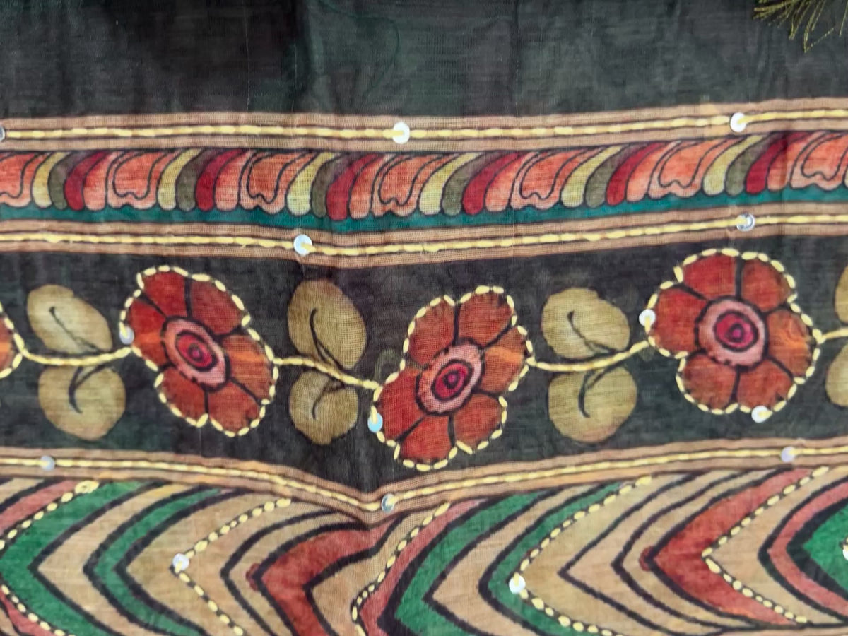 Chanderi Kalamkari Digital Kantha Work Saree