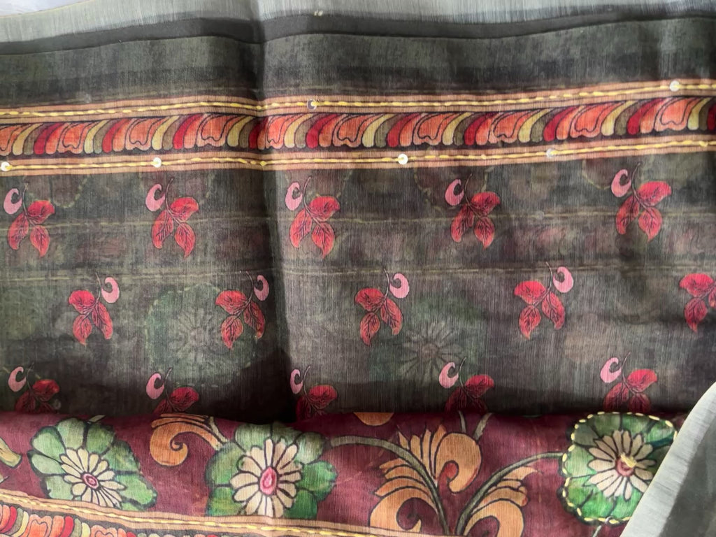 Chanderi Kalamkari Digital Kantha Work Saree