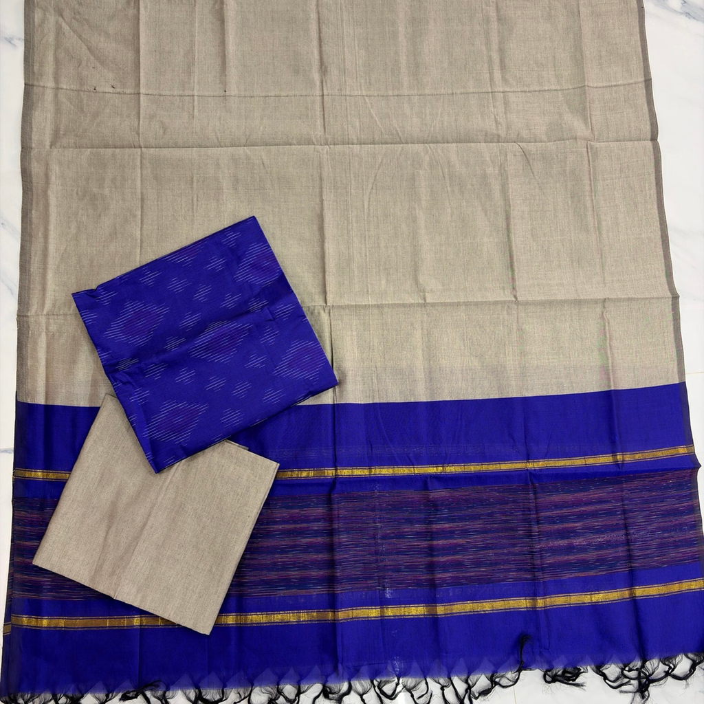 Ikat SICO Pattu Dress Material – Rich Blue & Greyish Beige