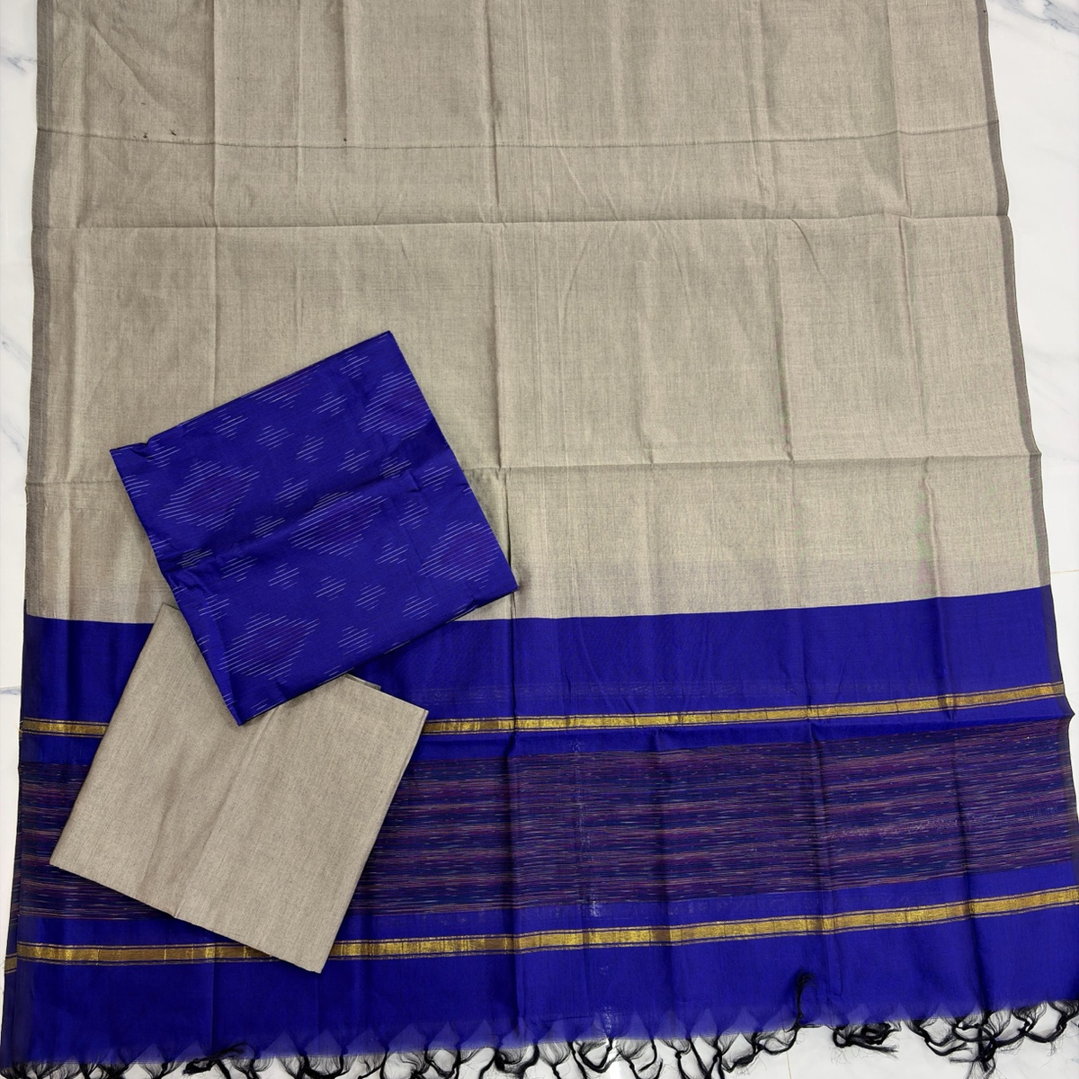 Ikat SICO Pattu Dress Material – Rich Blue & Greyish Beige